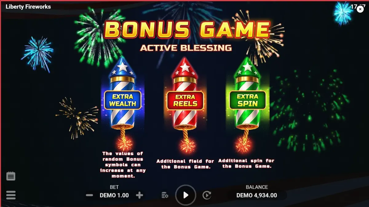 Liberty Fireworks 3 Pots slot machine game interface