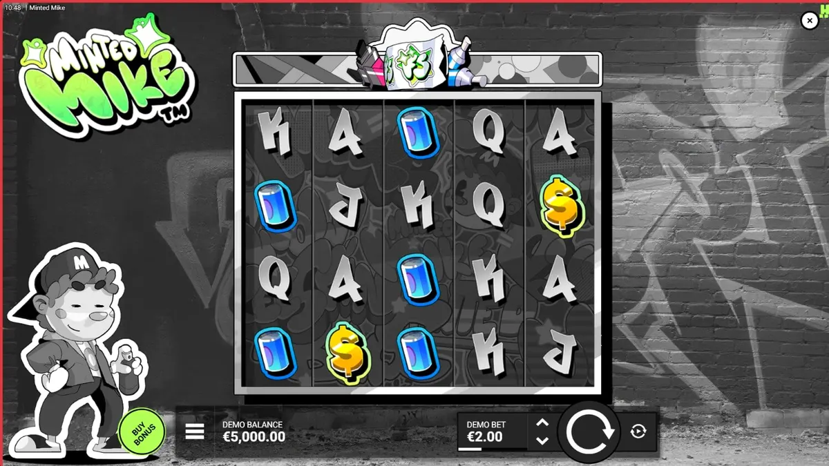 Minted Mike slot game graffiti theme interface