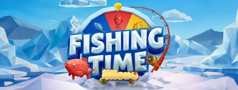 Isang madilim at nagyeyelong eksena ng pangingisda na nagpapakita ng Wheel of Fortune mechanics sa Fishing Time.